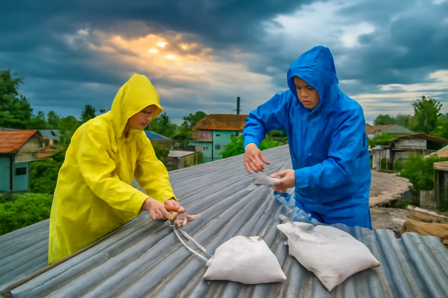 Người dân chằng chống mái nhà bằng bao cát trước khi bão đến