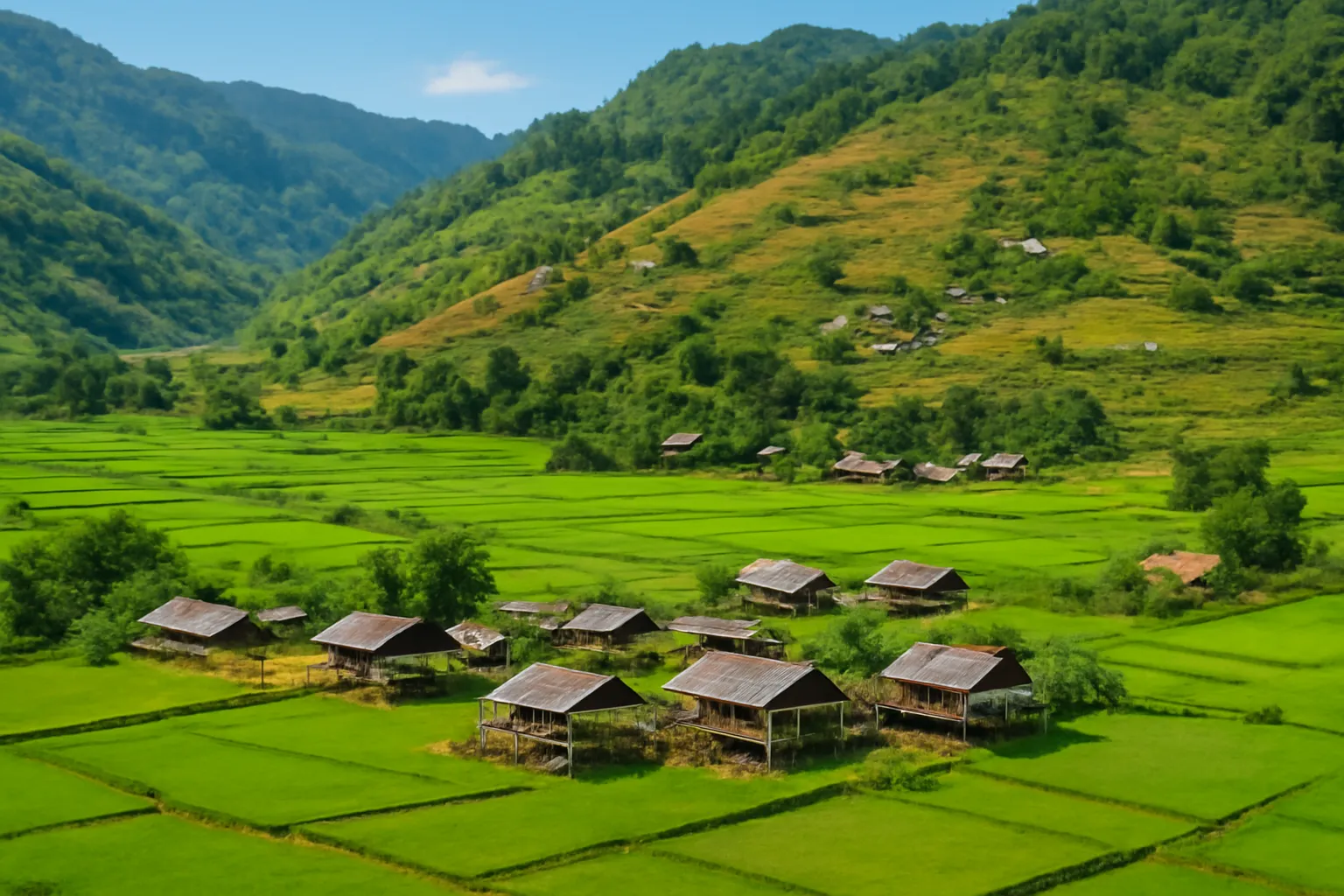 Thung lũng lúa xanh dưới chân núi với các bản làng ở nhiều độ cao
