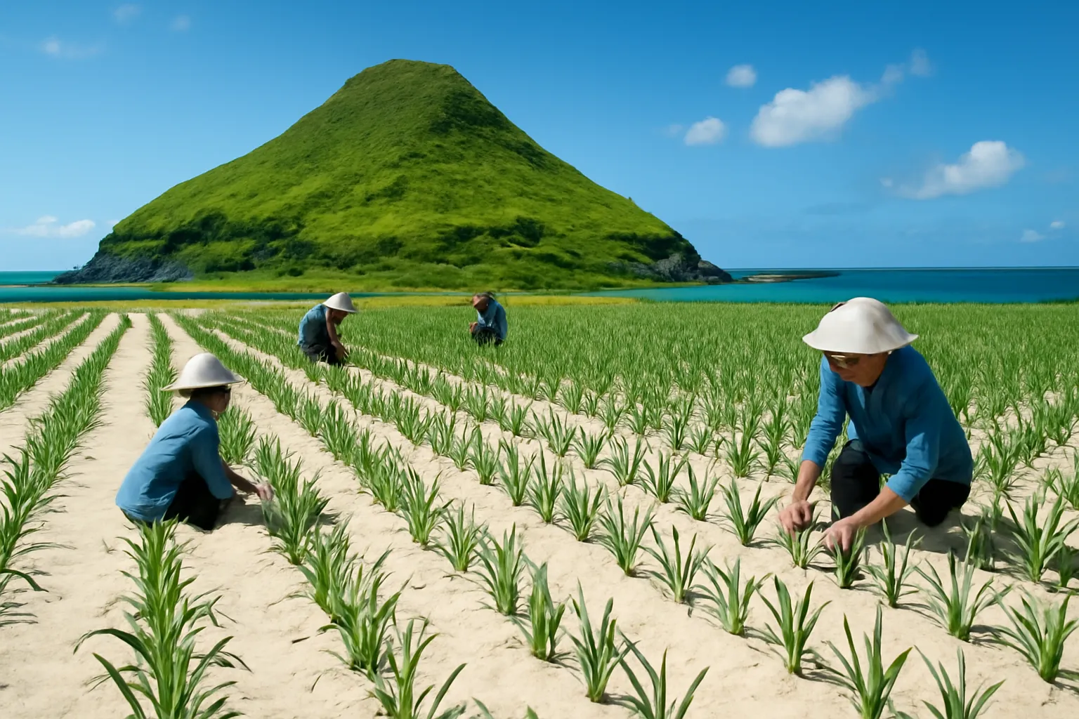 Ruộng tỏi phủ cát trắng dưới chân một ngọn núi lửa cũ trên đảo