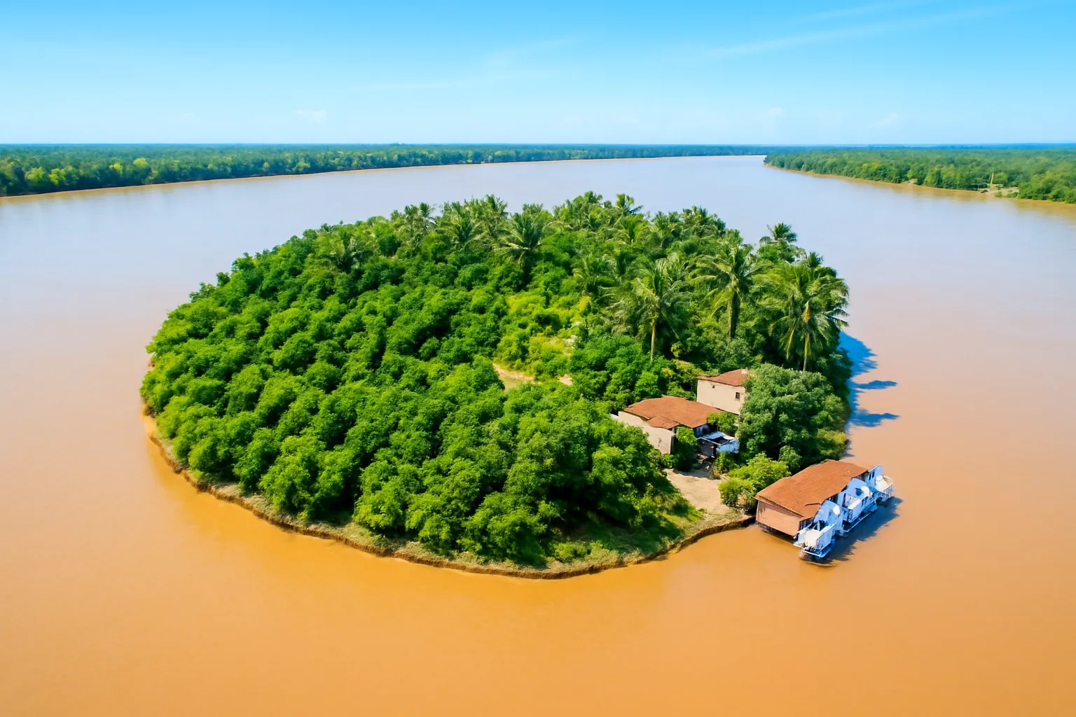 Cù lao xanh giữa dòng sông rộng với vườn cây và nhà dân