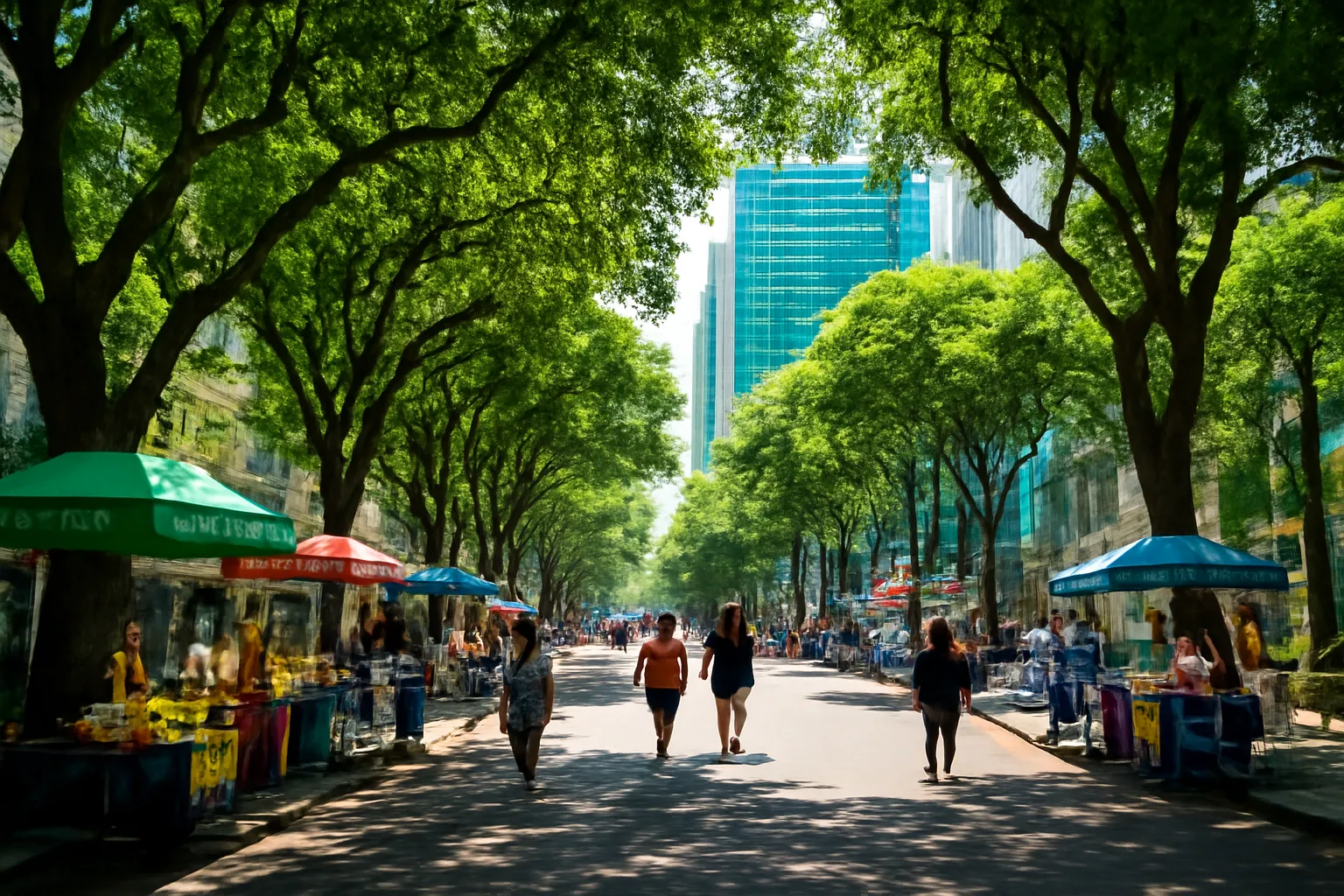 Con phố có hàng cây cổ thụ che bóng mát giữa trưa