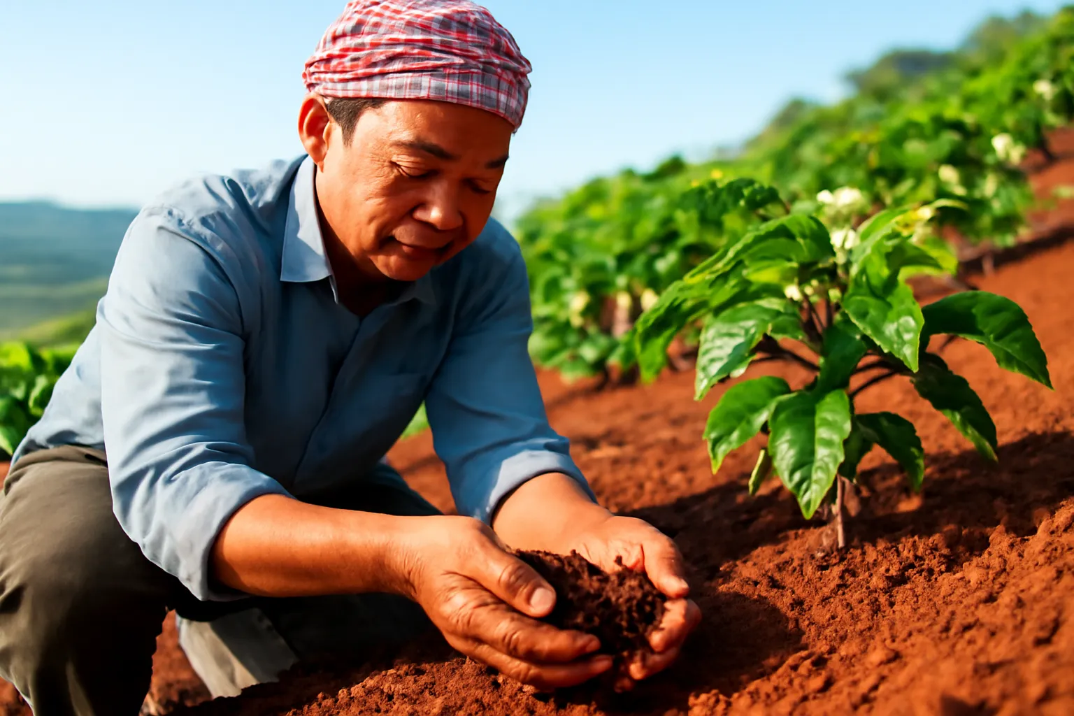 Nông dân xới lớp đất đỏ dưới gốc cà phê trên cao nguyên