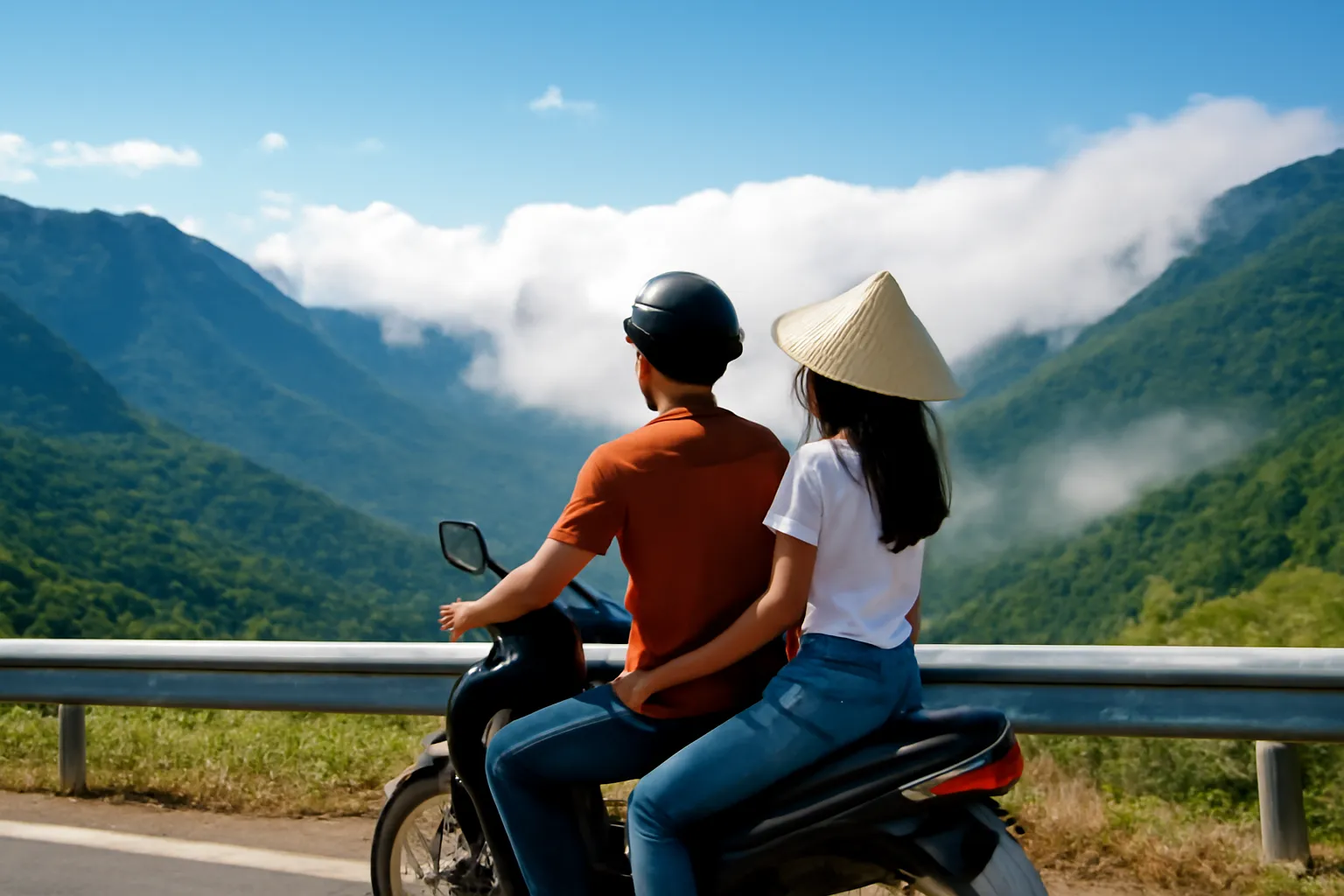 Mây trắng tràn qua đỉnh dãy núi, một bên sườn xanh ướt một bên nắng
