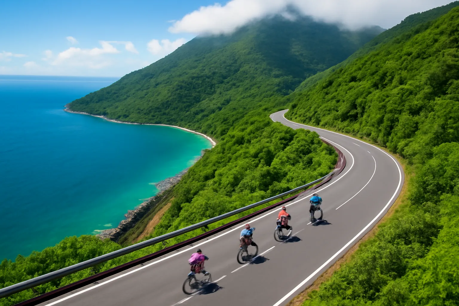 Con đèo uốn lượn ven biển với mây phủ trên đỉnh núi