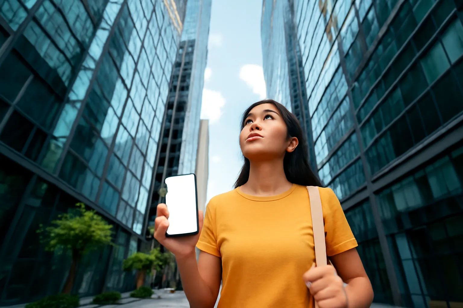 Người đi bộ giữa phố cao tầng cầm điện thoại tìm đường