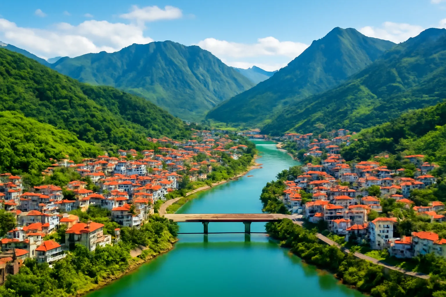 Thành phố nhỏ trải dọc thung lũng sông giữa các dãy núi