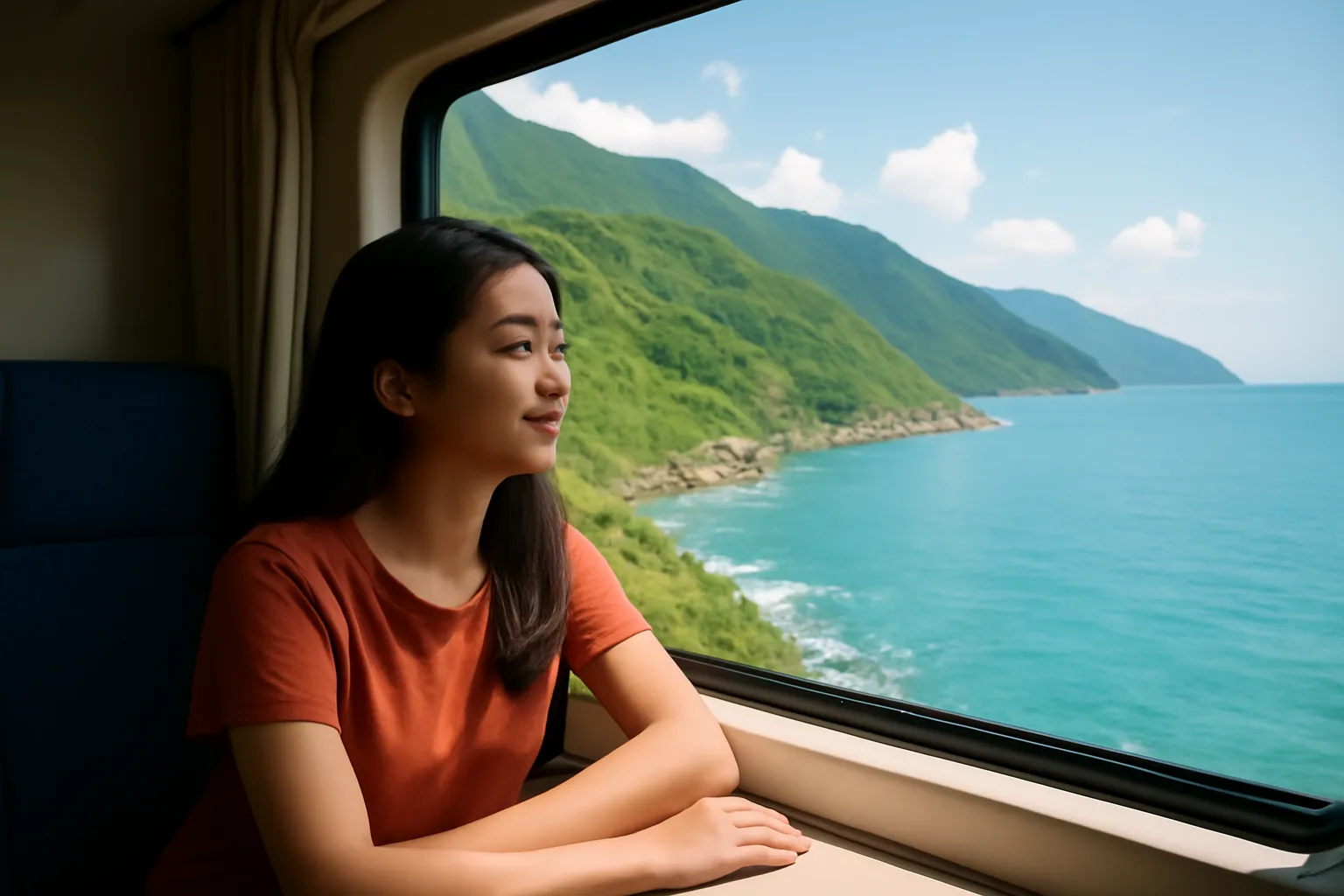 Hành khách nhìn qua cửa sổ tàu thấy biển và núi ven đường