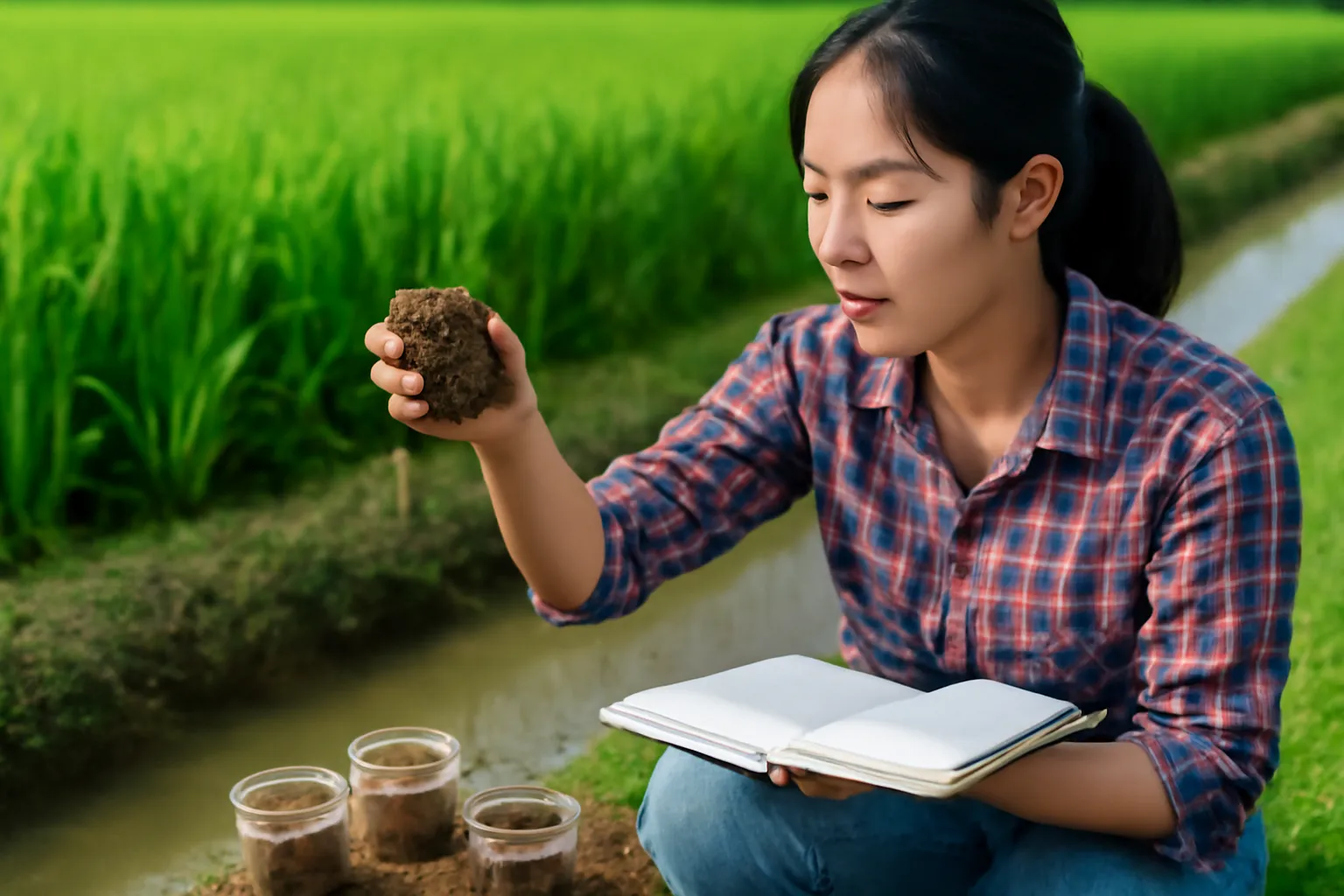 Bàn tay nắm thử một nắm đất nâu ẩm bên bờ ruộng