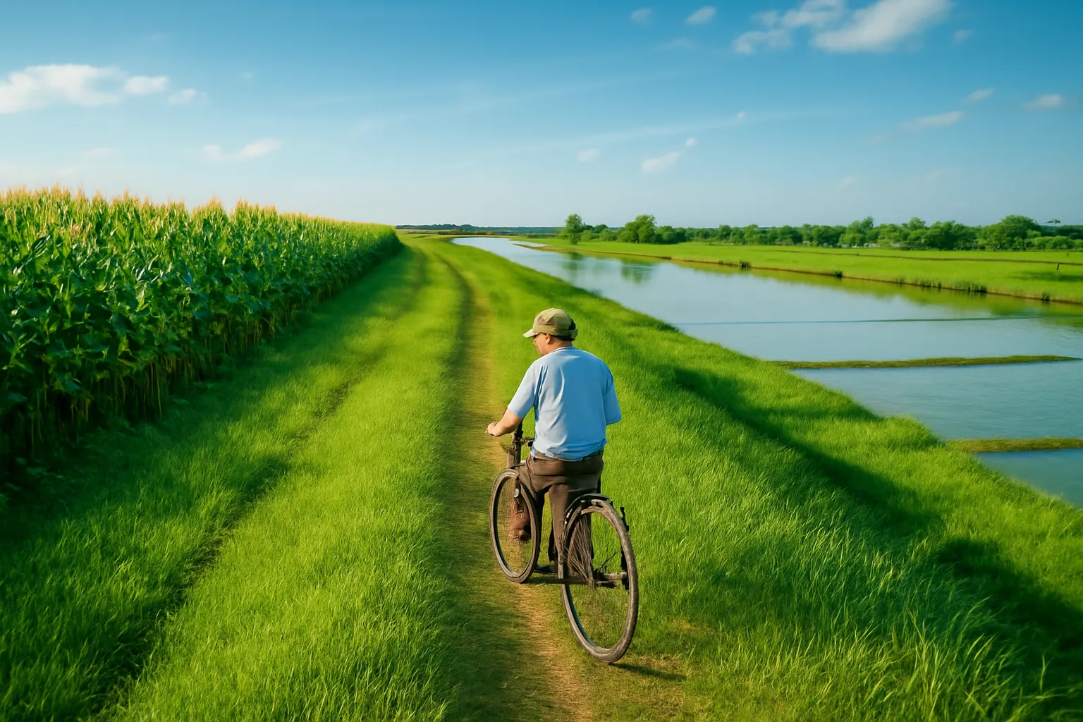 Người dân đạp xe trên con đê sông Hồng nhìn ra bãi ngô ngoài đê