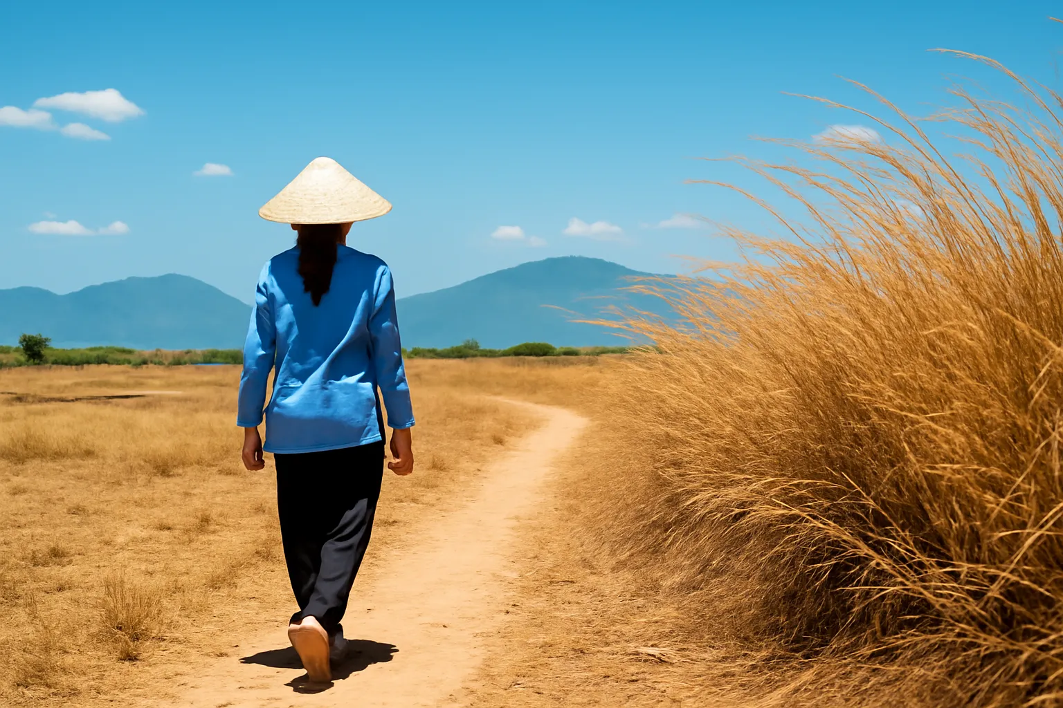 Người phụ nữ đội nón đi giữa cánh đồng khô nắng gắt ở miền Trung