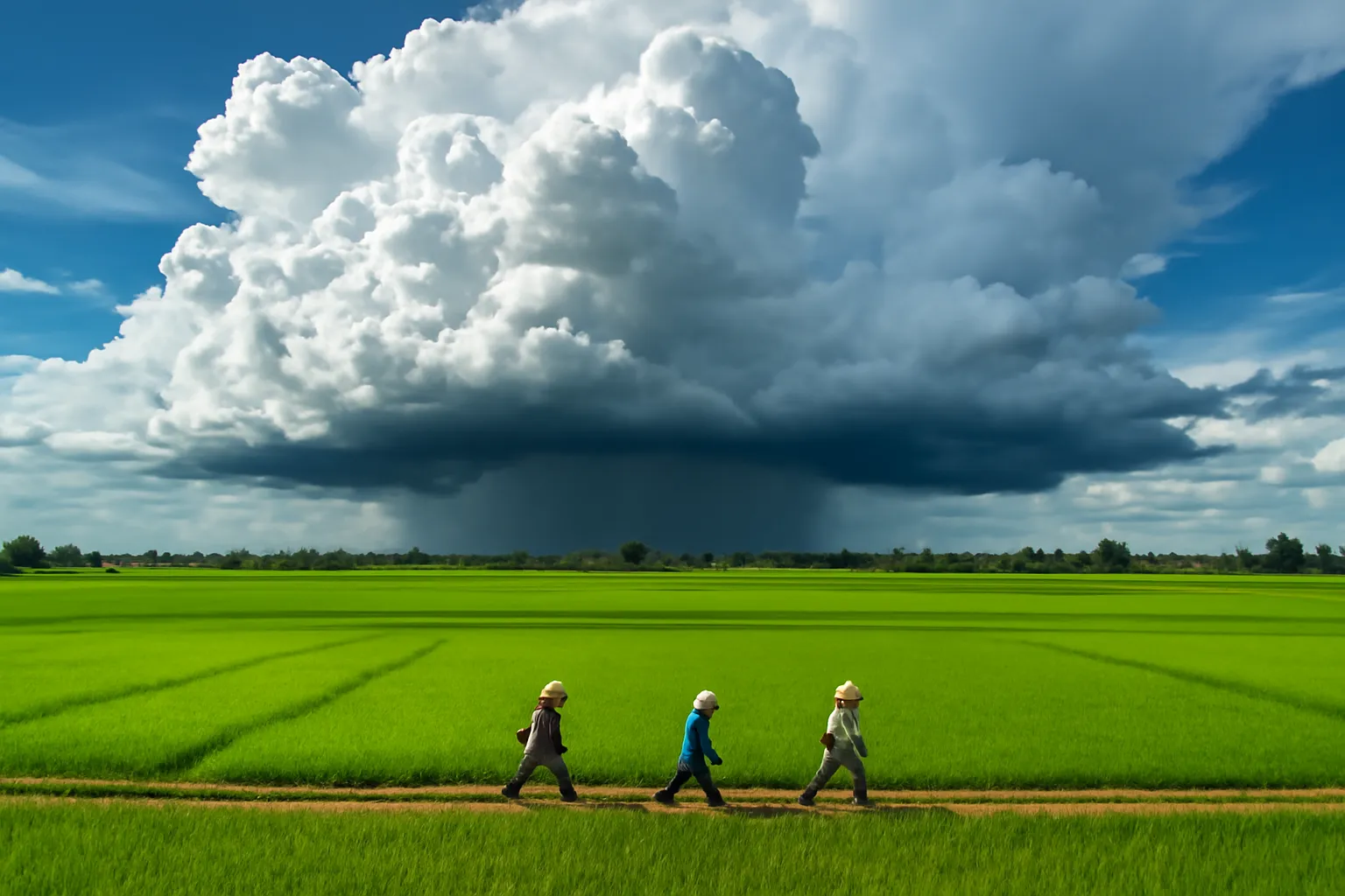 Mây đen kéo tới trên cánh đồng lúa báo hiệu mùa mưa