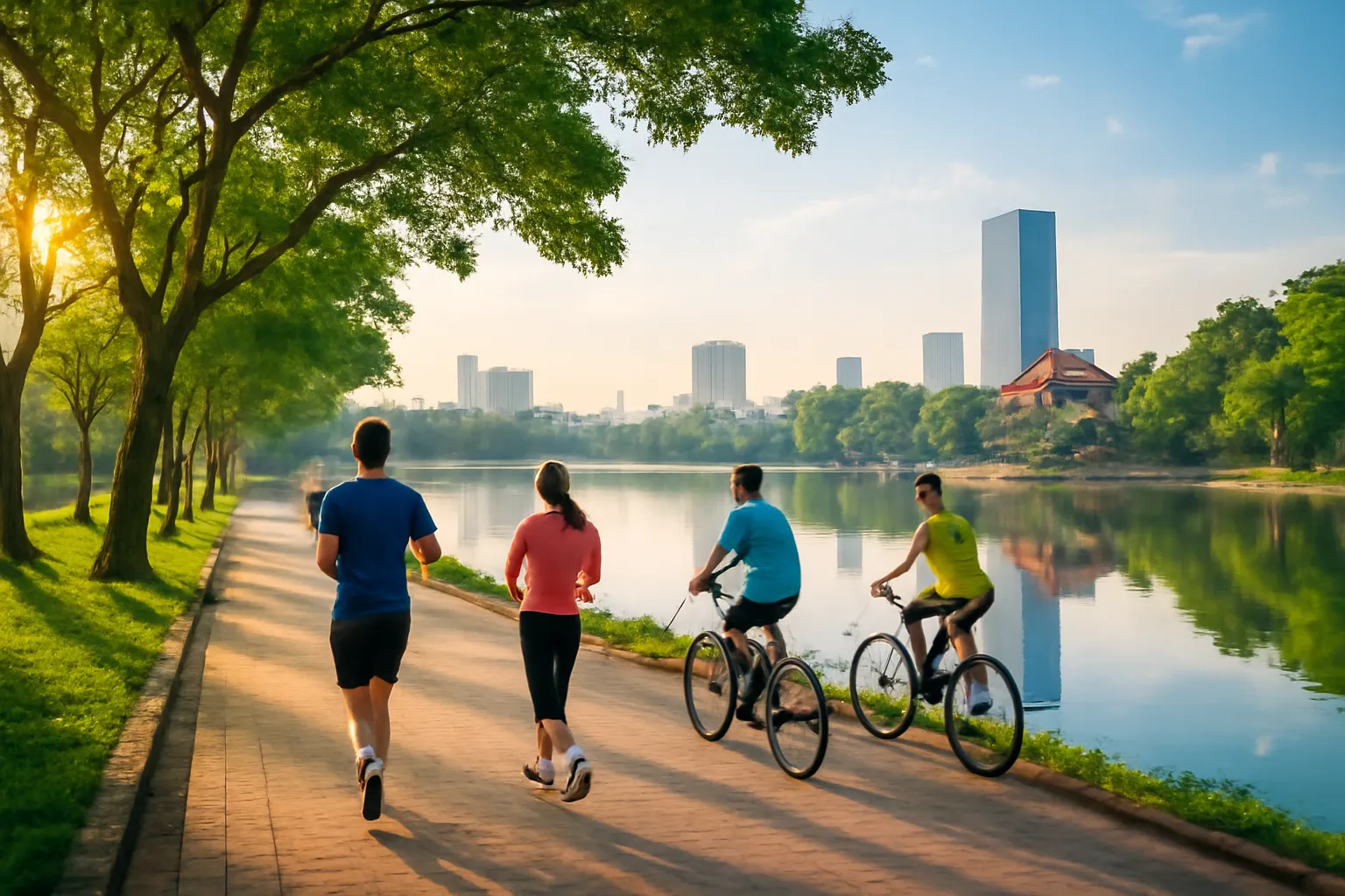 Hồ nước giữa lòng thành phố với hàng cây và nhà cao tầng