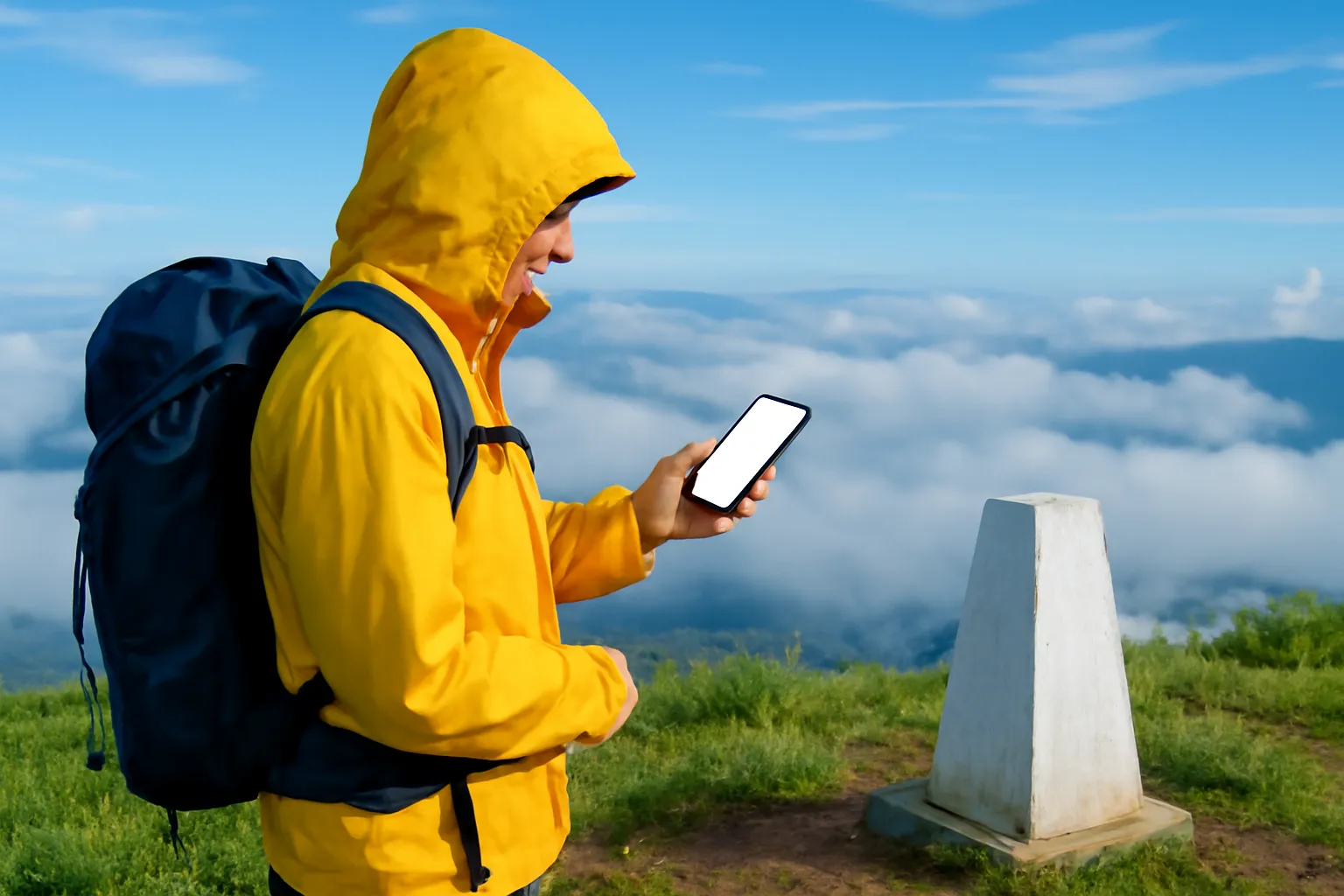Người đi phượt xem toạ độ trên điện thoại cạnh cột mốc trên núi