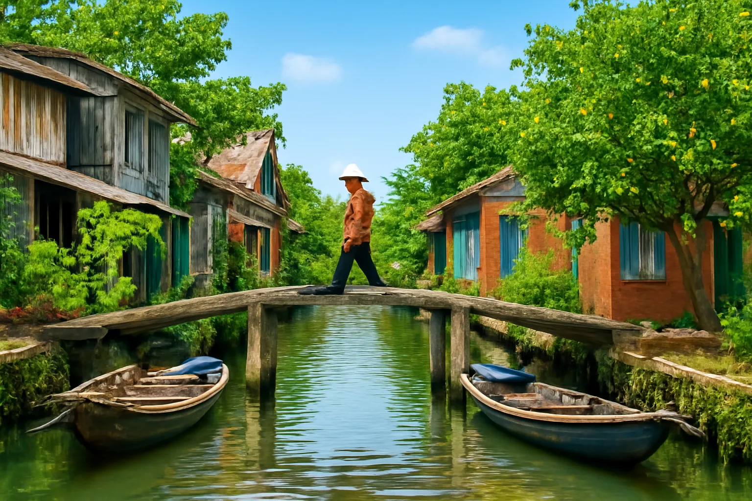 Dãy nhà ven kênh nối nhau bằng cây cầu khỉ ở miền Tây
