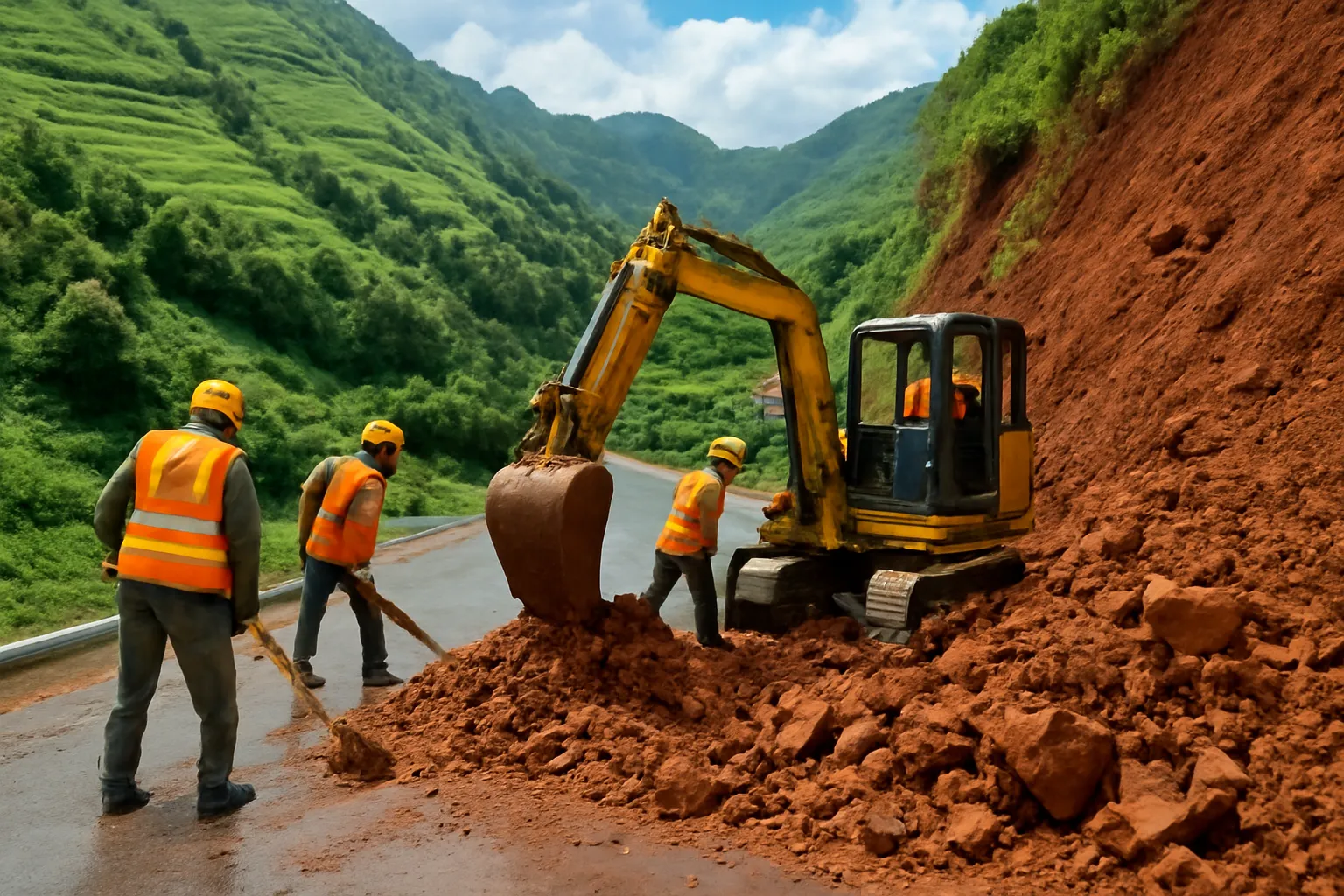 Taluy đường đèo bị sạt sau mưa với đất đá đổ xuống mặt đường