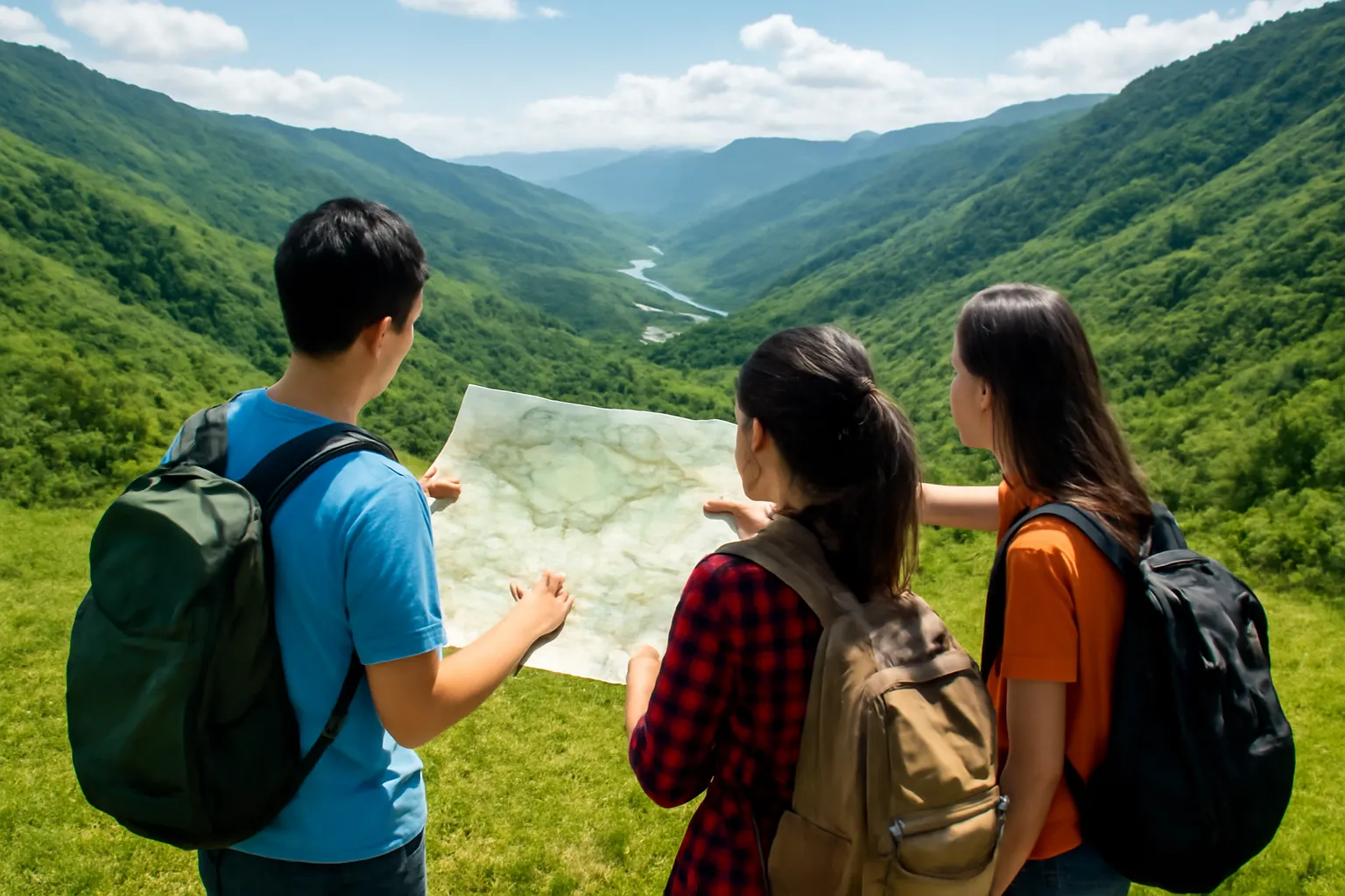 Nhóm sinh viên đứng trên đỉnh đồi nhìn xuống thung lũng có dòng suối