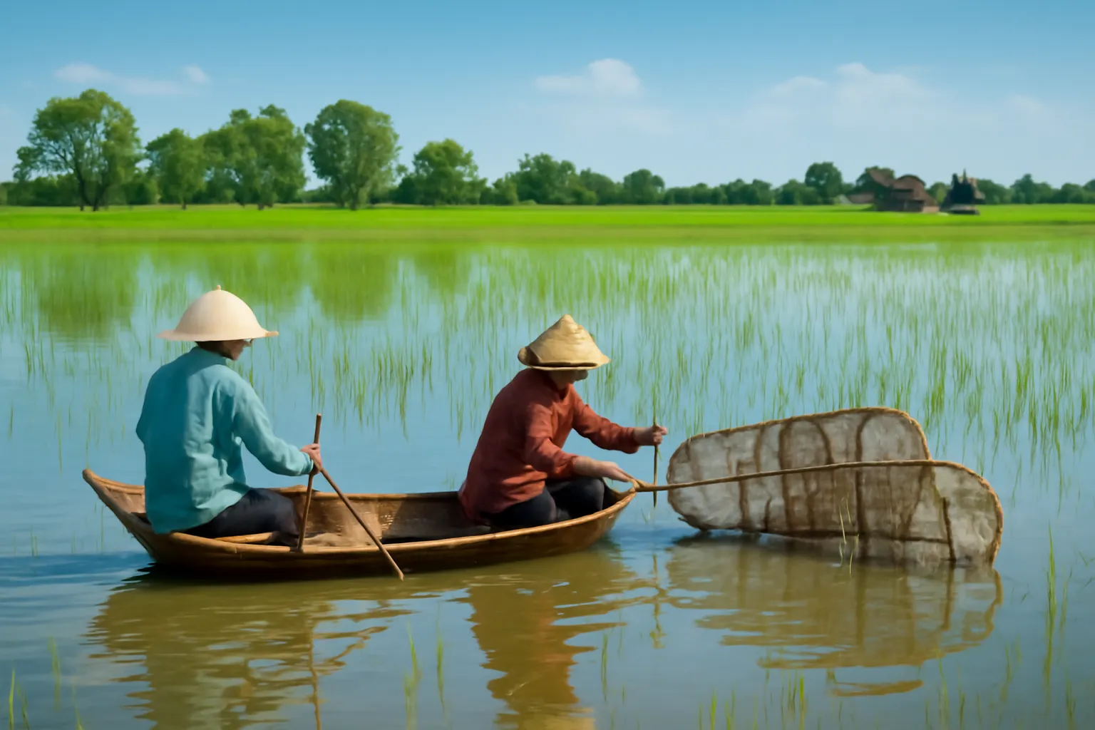 Người dân giăng lưới trên cánh đồng ngập nước mùa nước nổi