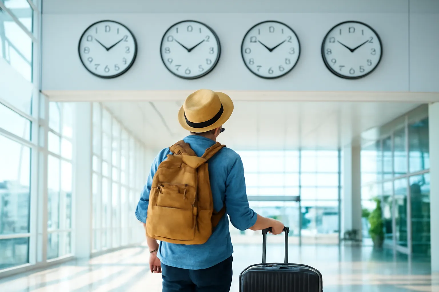 Hai chiếc đồng hồ treo tường chỉ giờ khác nhau trong sảnh sân bay