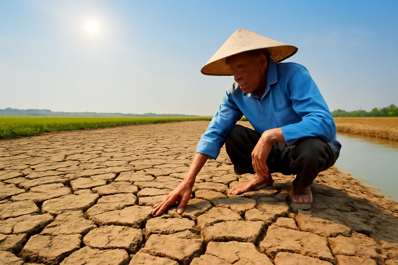 Mặt ruộng nứt nẻ cạnh con mương cạn nước giữa trưa