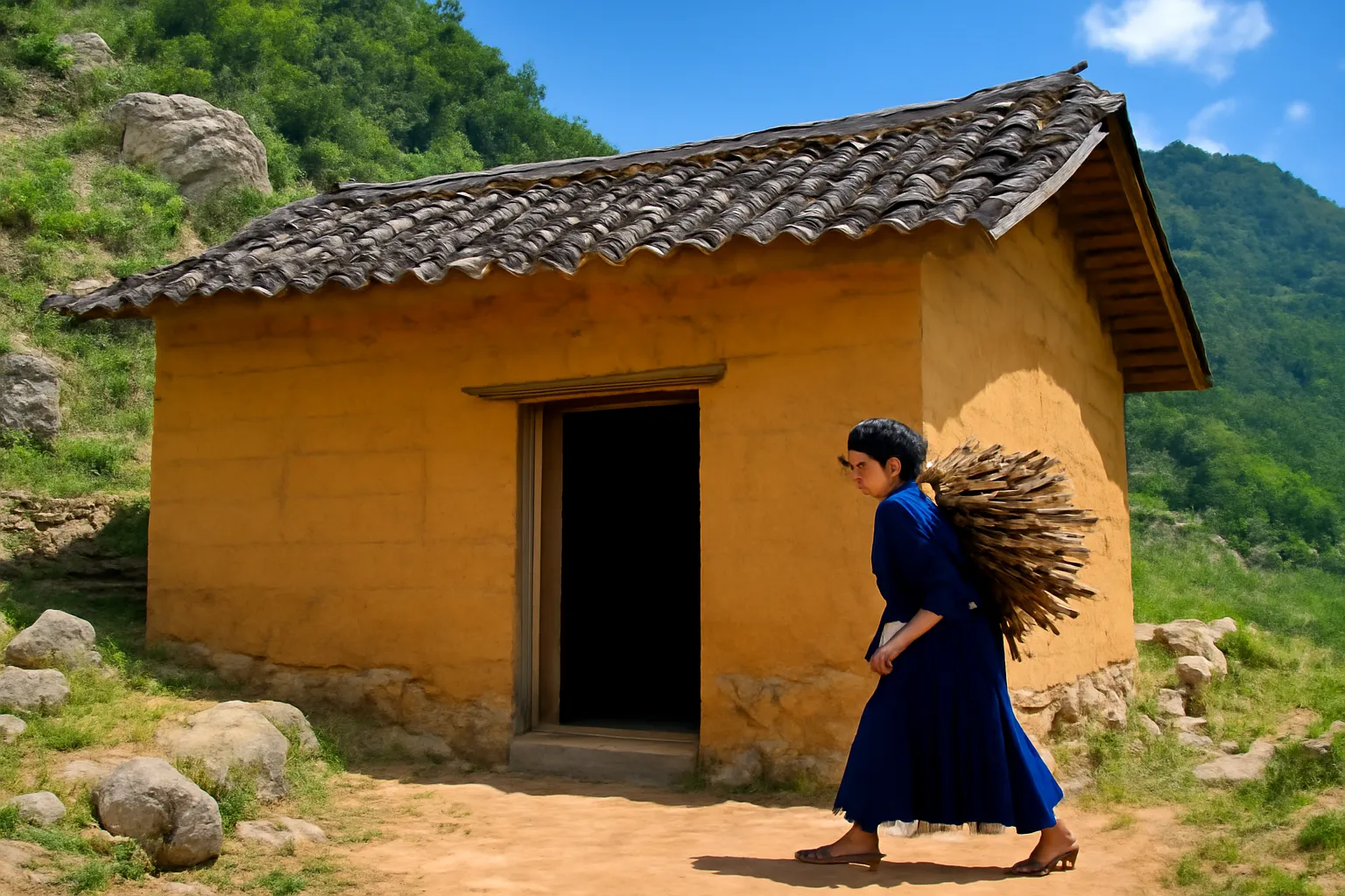Ngôi nhà tường đất vàng mái ngói âm dương trên sườn núi đá