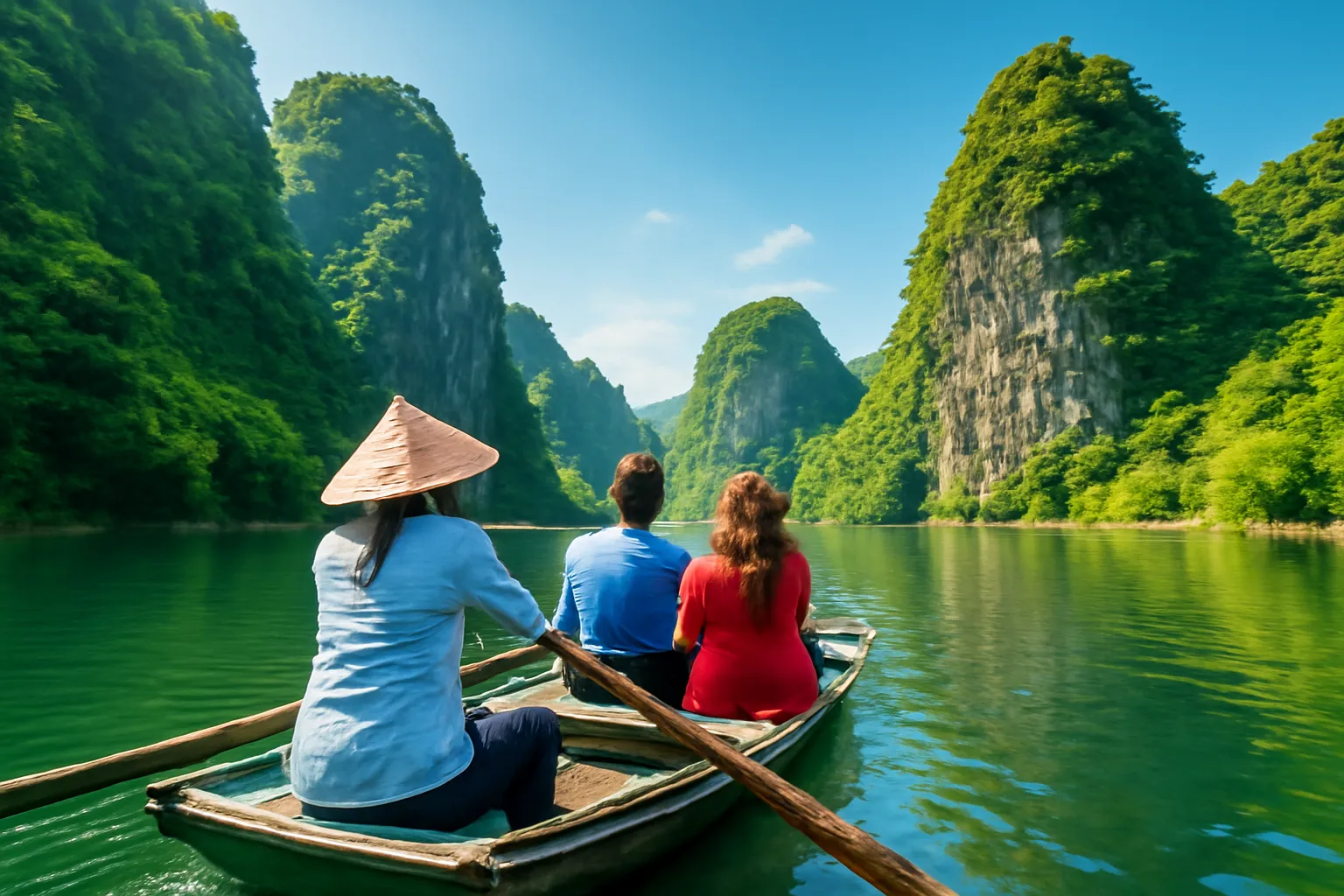 Thuyền nan chở khách đi giữa những núi đá vôi dựng đứng ở Tràng An
