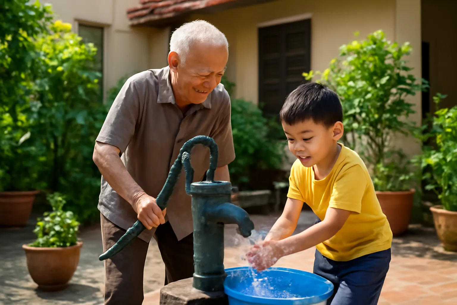 Người đàn ông bơm nước giếng khoan trong sân nhà nông thôn