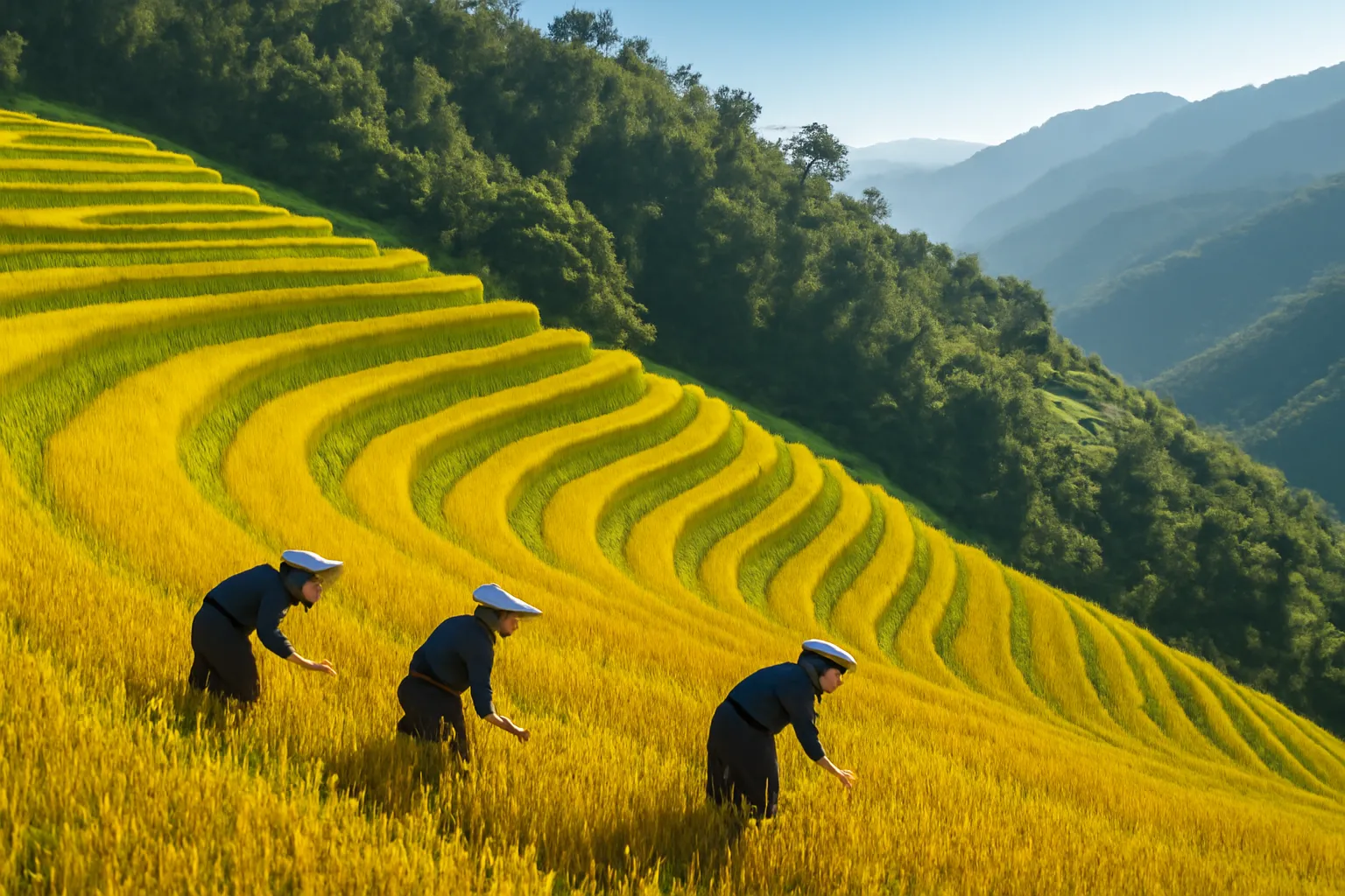 Những thửa ruộng bậc thang lúa chín vàng uốn lượn trên sườn núi