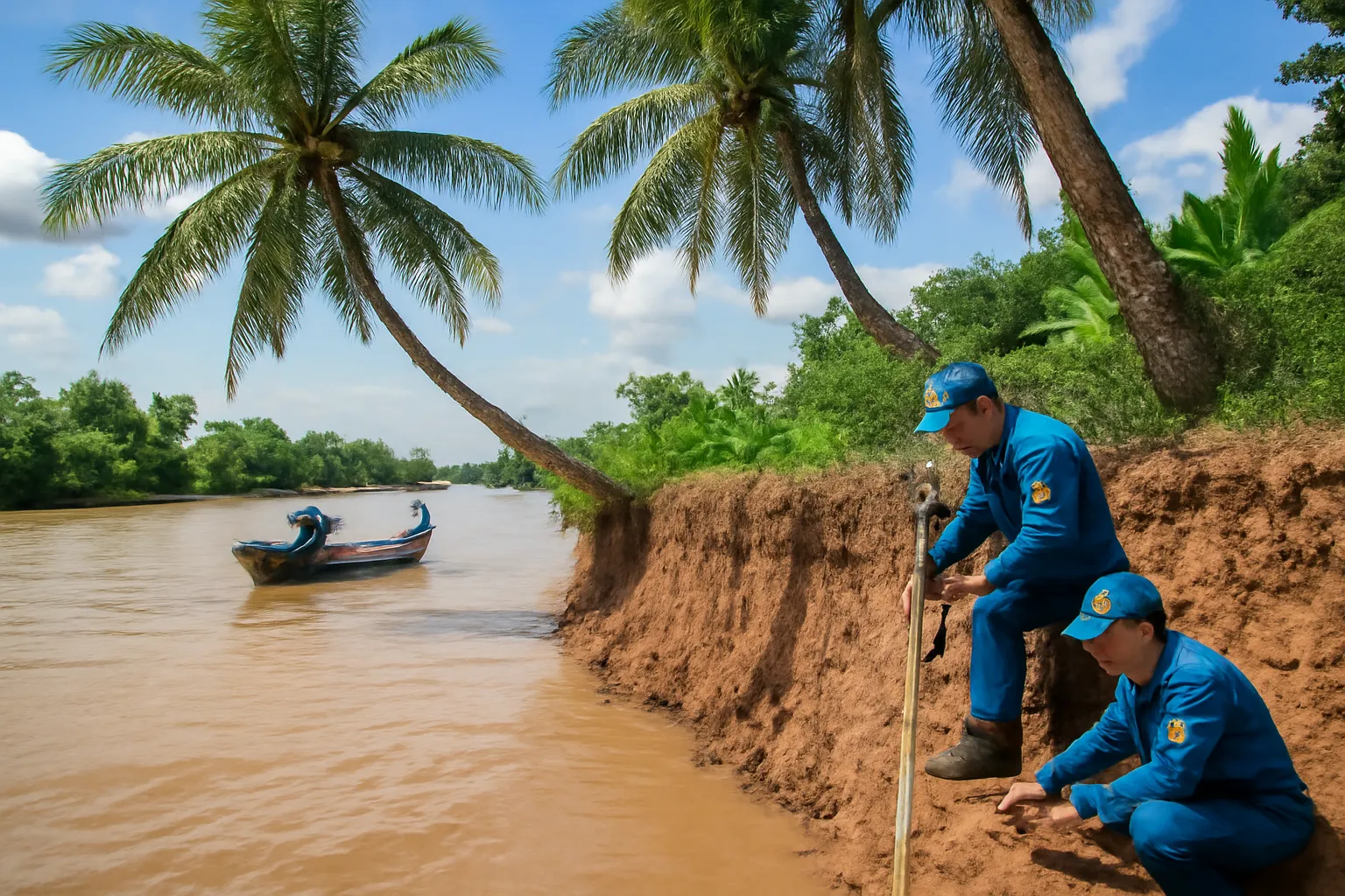 Bờ sông bị sạt với rặng dừa nghiêng đổ xuống nước