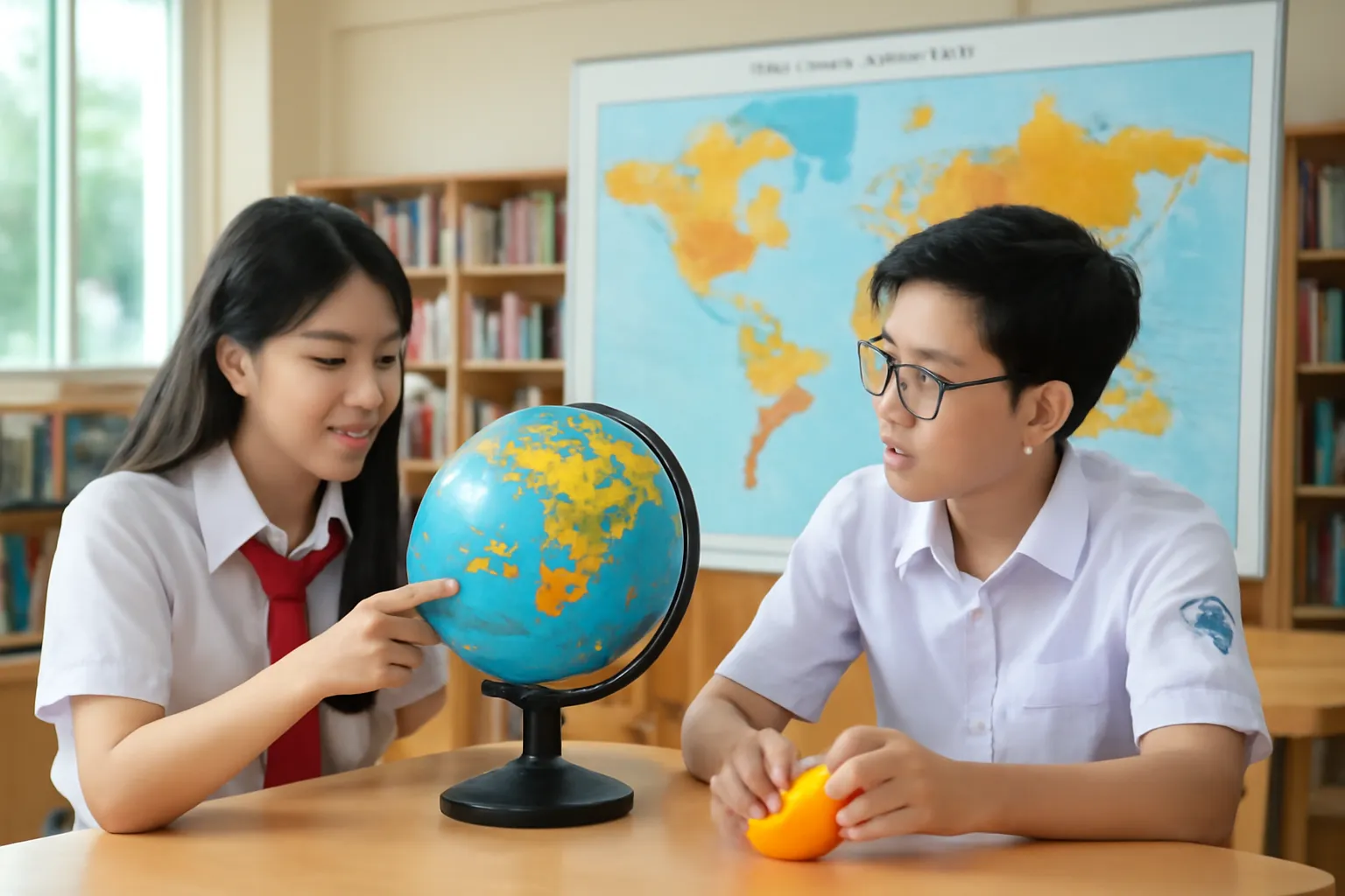 Học sinh so sánh quả địa cầu với tấm bản đồ thế giới treo tường