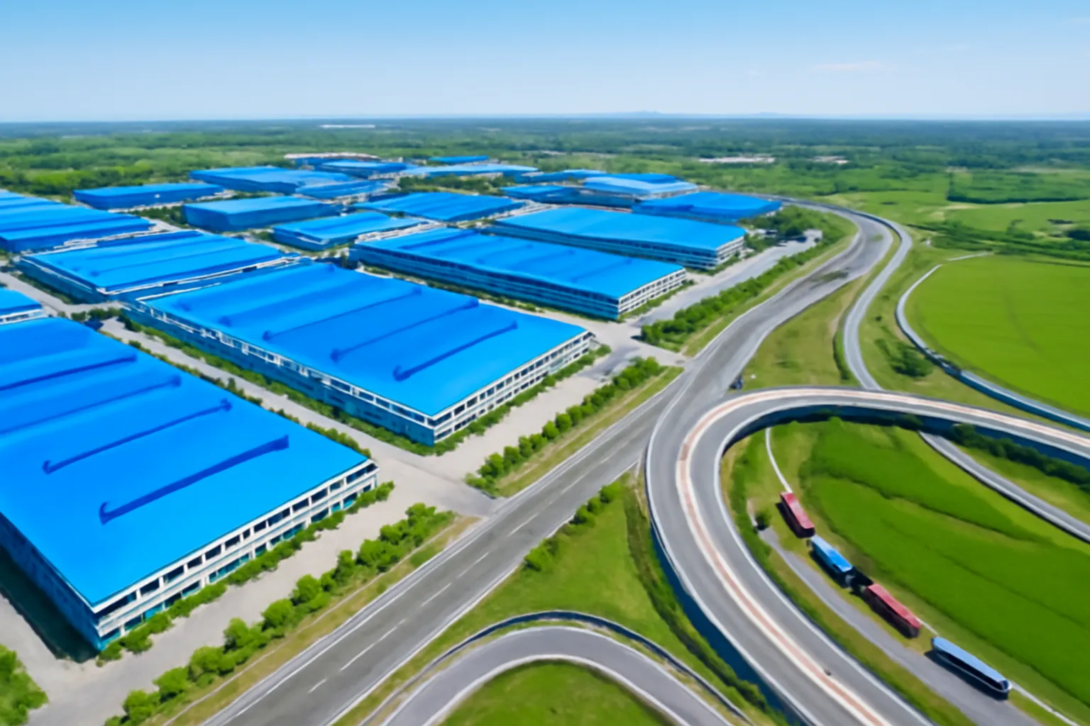 Khu công nghiệp với dãy nhà xưởng mái xanh bên đường cao tốc