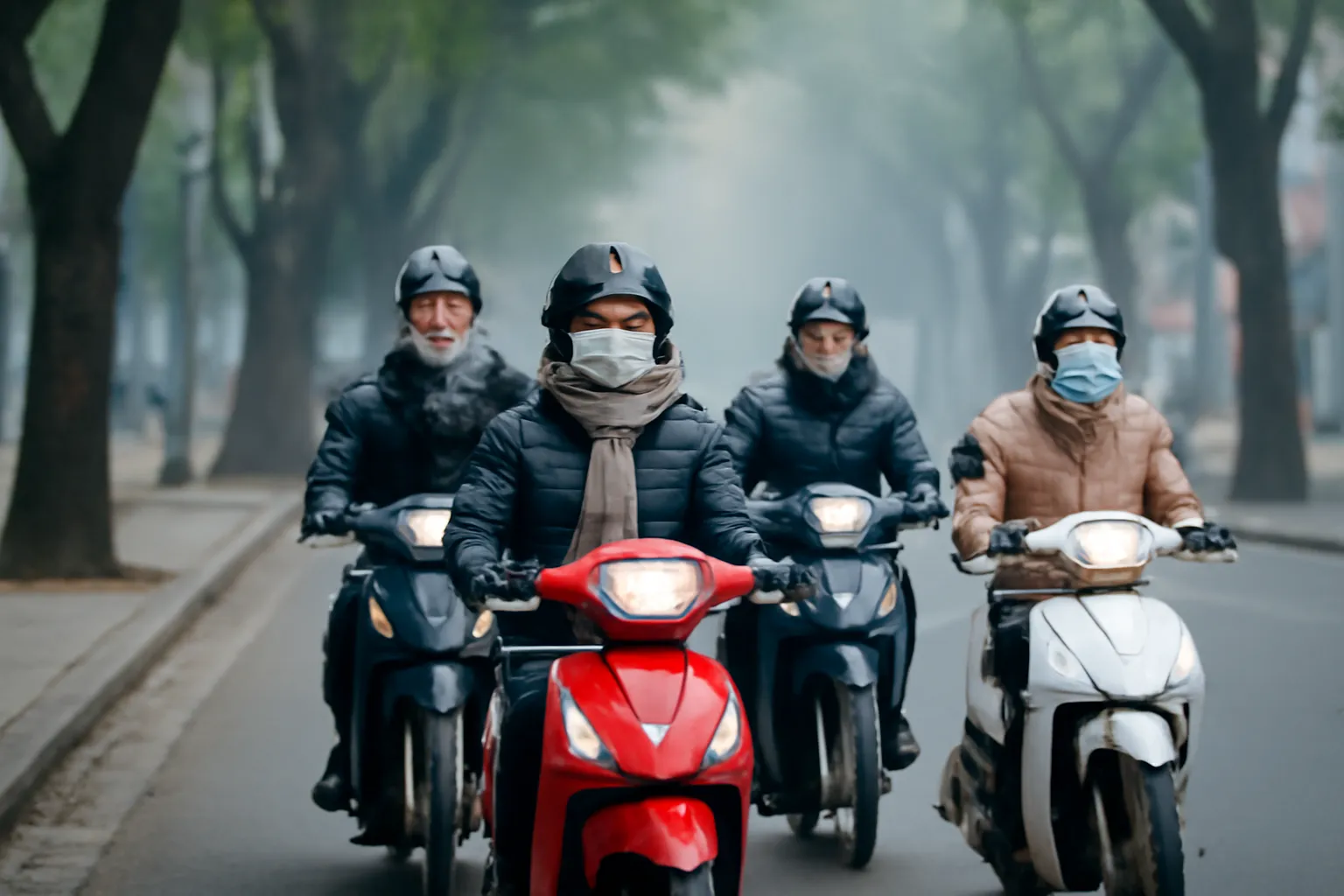 Người đi xe máy mặc áo phao trong buổi sáng sương lạnh ở Hà Nội