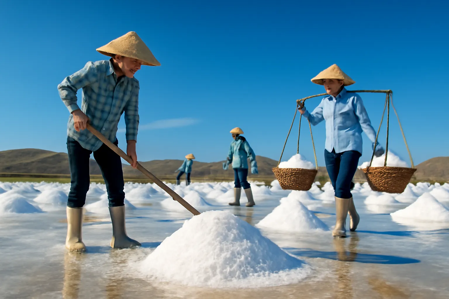 Người làm muối gánh muối trắng trên cánh đồng muối nắng gắt