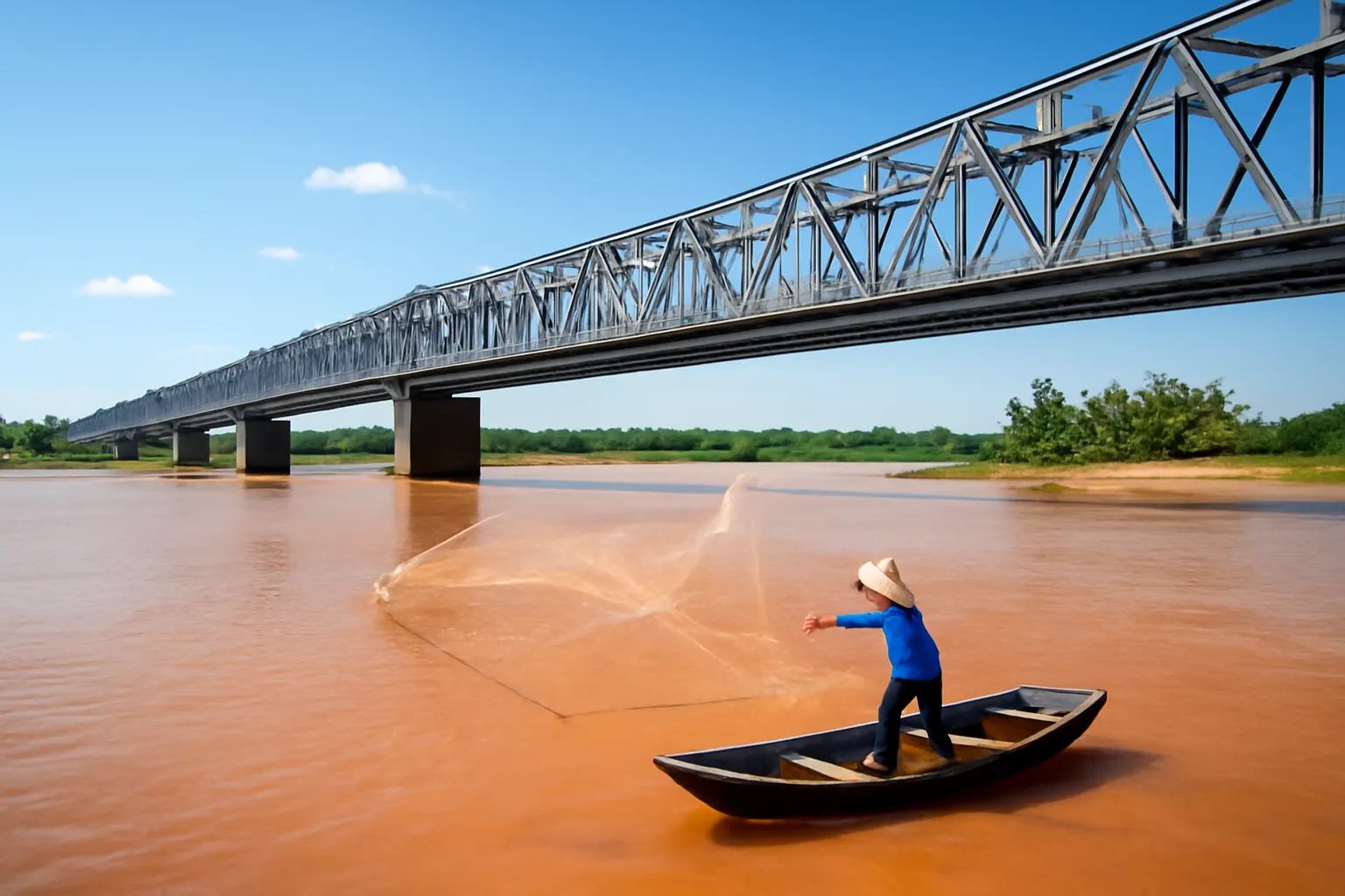 Nước sông màu đỏ nâu chảy dưới chân cầu sắt dài