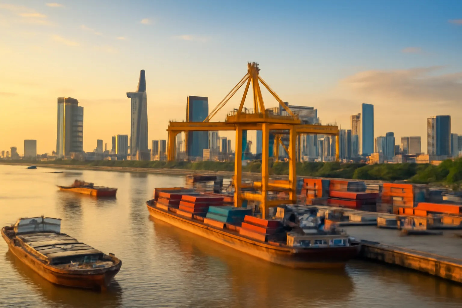Bến cảng sông với tàu hàng và thành phố phía sau