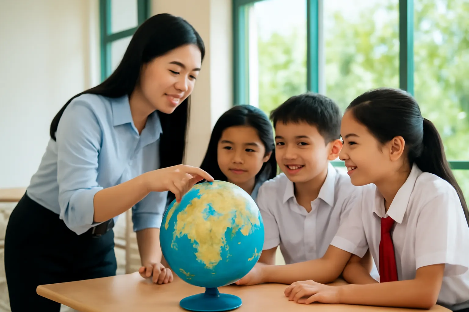 Cô giáo chỉ dải đất hình chữ S trên quả địa cầu cho học sinh