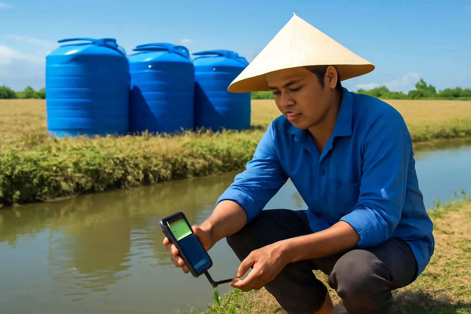 Người nông dân đo độ mặn của nước kênh bằng máy cầm tay